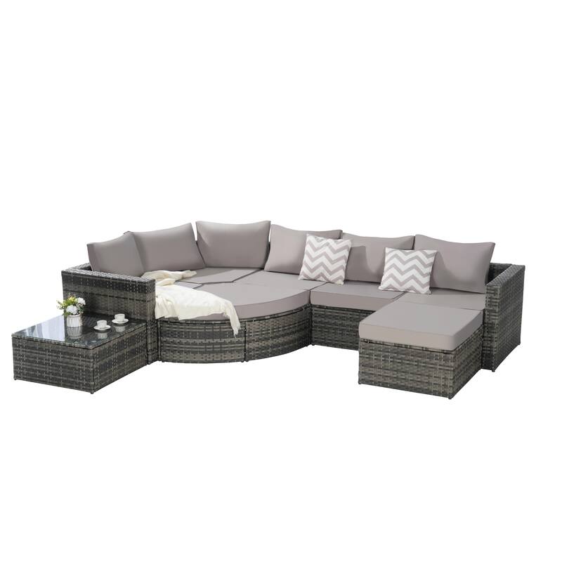 8-Piece Outdoor Patio Rattan Modular Sectional Sofa Set with Tempered Glass Coffee Table