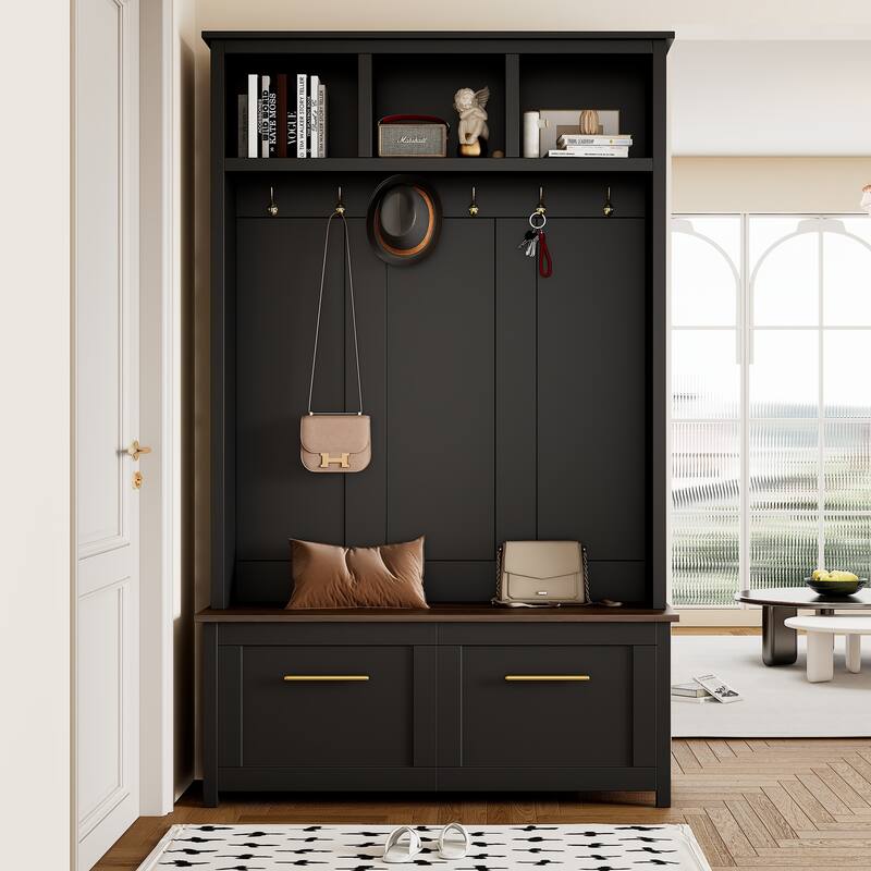 Versatile 4-in-1 Wood Coat Rack with 6 Golden Hooks and 2 Drawers