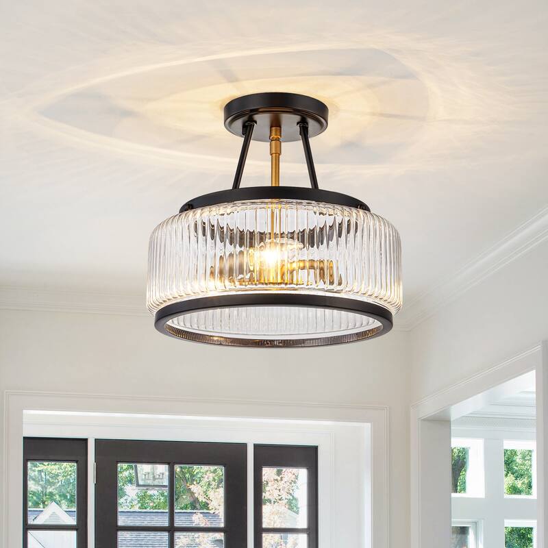 3-Light Industrial-style Black Lantern Glass Semi Flush Mount - Ribbed Glass - Black