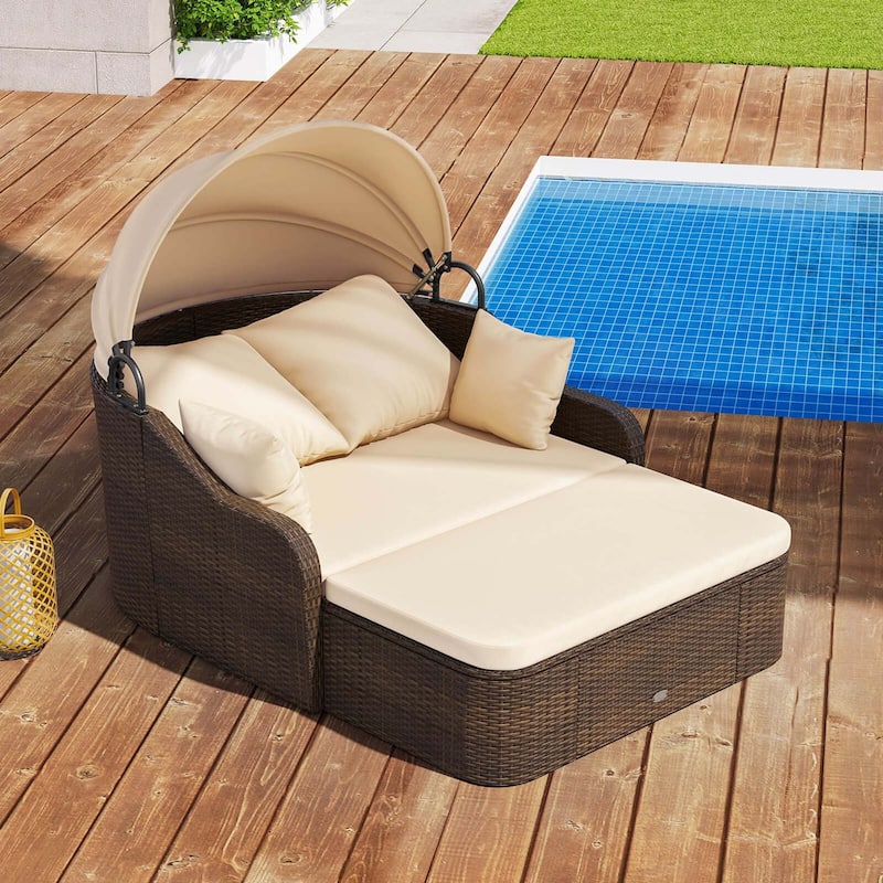 Costway Patio PE Rattan Daybed with Retractable Canopy Soft Cushions - See Details