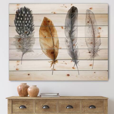 Designart 'Boho Feather In Orange & Blue Striped & Polka Dost' Bohemian & Eclectic Print on Natural Pine Wood