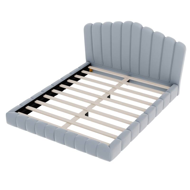 Roomfitters Queen Size Shell-Shaped Velvet Upholstered Platform Bed, Channel Tufted Headboard, No Box Spring Needed, Light Blue