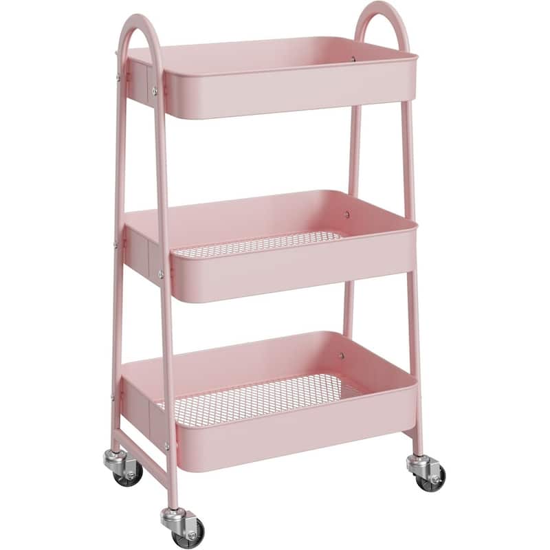 3-Tier Metal Rolling Utility Cart Multifunctional Organizer with Handle and Lockable Wheels - 17.4"D x 12.04"W x 31.02"H
