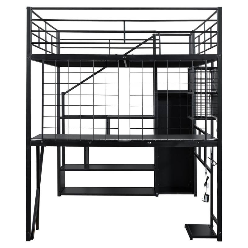 Metal Full Size Loft Bed with Built-in Work Station, Wardrobe, Storage Staircase and LED