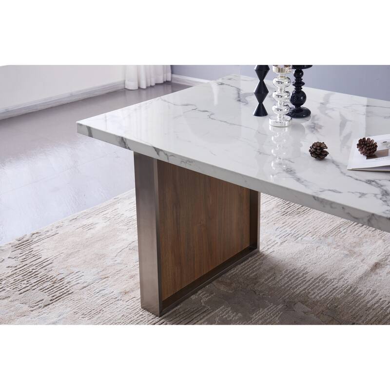 Elegant Luxurious Imitation Marble MDF Dinning Table for 6 or 8, Rectangular 63"L*35.4"W*29.8"H, Walnut+Stainless Steel