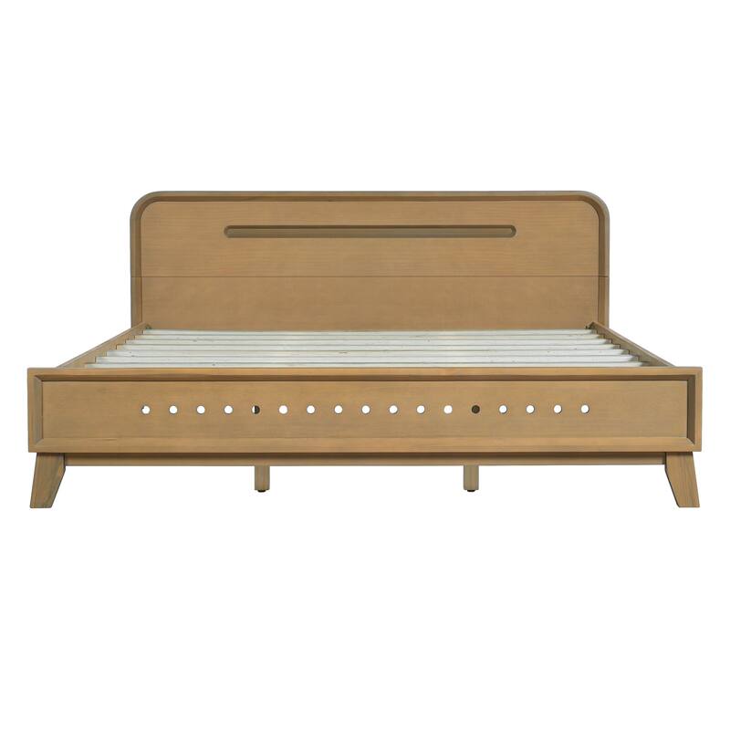 Rustic Pine Wood Bed Frame Low-Profile Platform Bed with Panel Headboard Solid Wood Slat Support and Extra Wide Thickened Legs