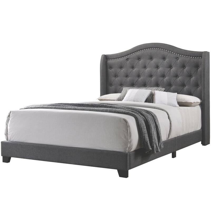 Modern Elegant Demi-Wing Design Button Tufted Grey Upholstered Bed