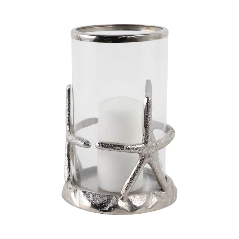 Aluminum Glass Pillar Candle Holder Starfish Design - 11" Silver - 7.5" x 7.5" x 11"