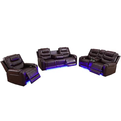 Dark Brown Breathing Leather 3-Piece Couch Recliner Sofa Set