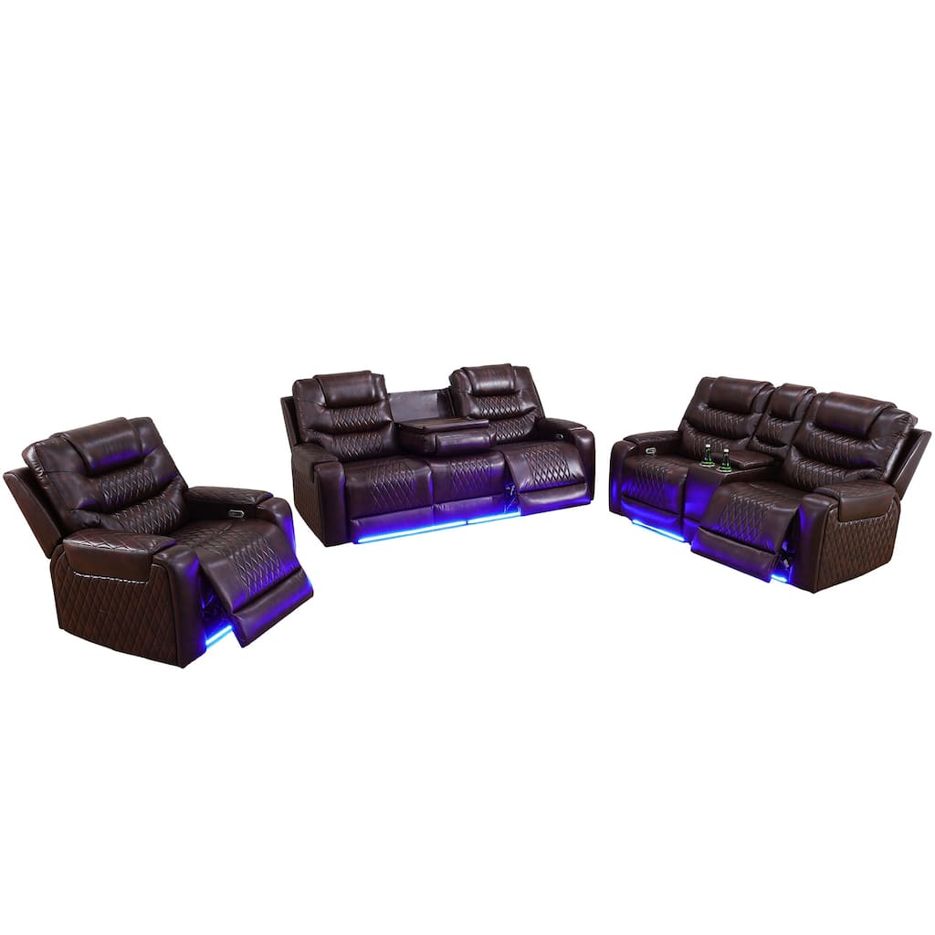Dark Brown Breathing Leather 3-Piece Couch Recliner Sofa Set