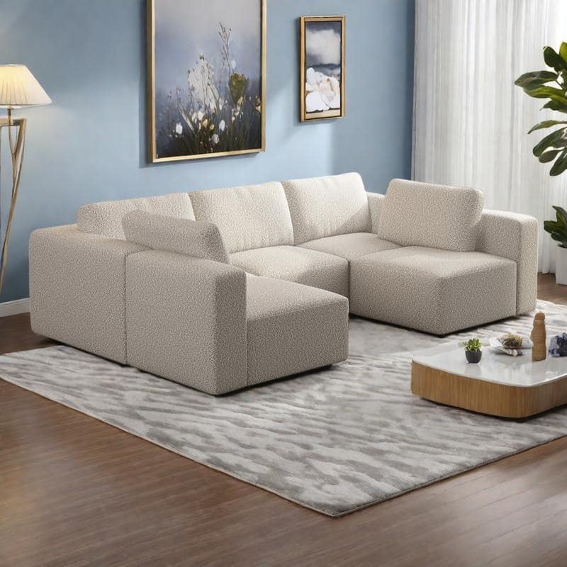 104.32" Yarn Fleece Modular Sectional Sofa Set with Chaise & Ottoman, U-Shaped 5-Seater Sleeper - White
