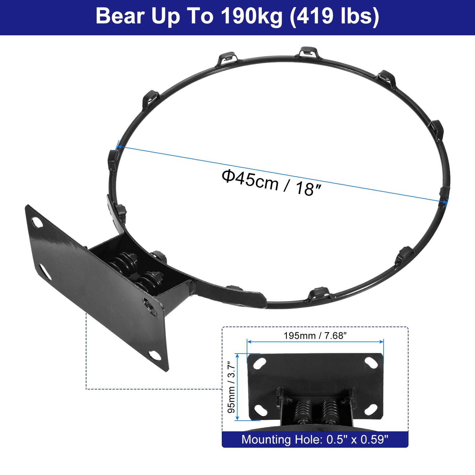 thumbnail image 2 of PATIKIL 18" Basketball Rim Replacement With Heavy-Duty Spring - Solid Steel, Fits Most Standard Backboards (Mounting Holes 195x95mm) 2 of 11