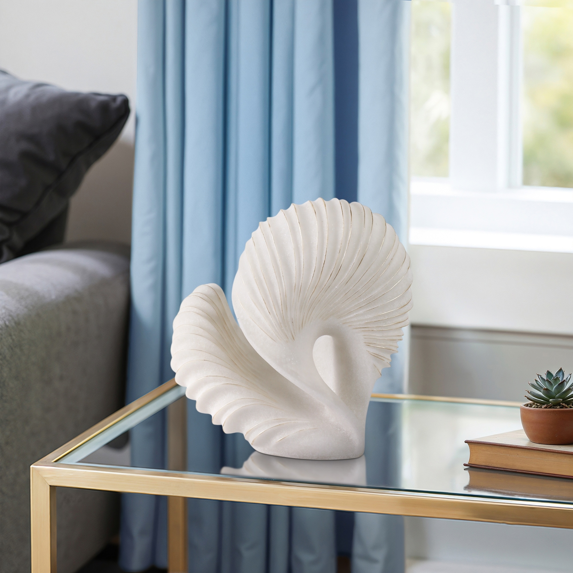 Polyresin Abstract Sculpture Modern Shell Form Home Decor - 14" White - 14" x 6.25" x 14.25"