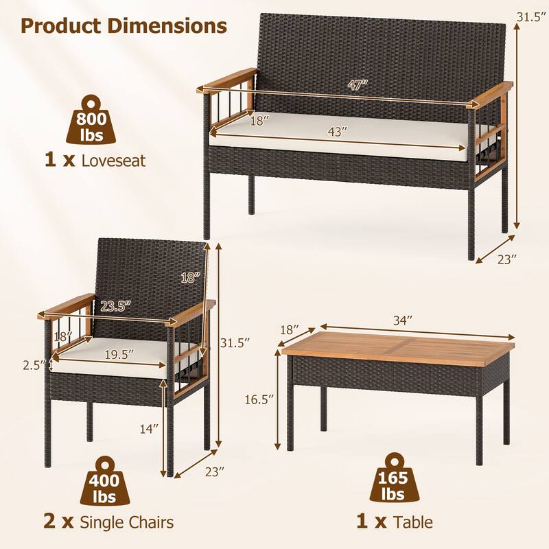 Gymax Set of 8 Wicker Furniture Set w/Acacia Wood Tabletop Armrests