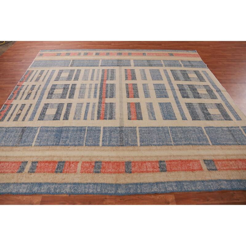 Hand Woven Oriental 100% Jute Carpet Southwestern Modern Navy Blue & Blues Kilim Area Rug - 9' 4'' X 8' 7''
