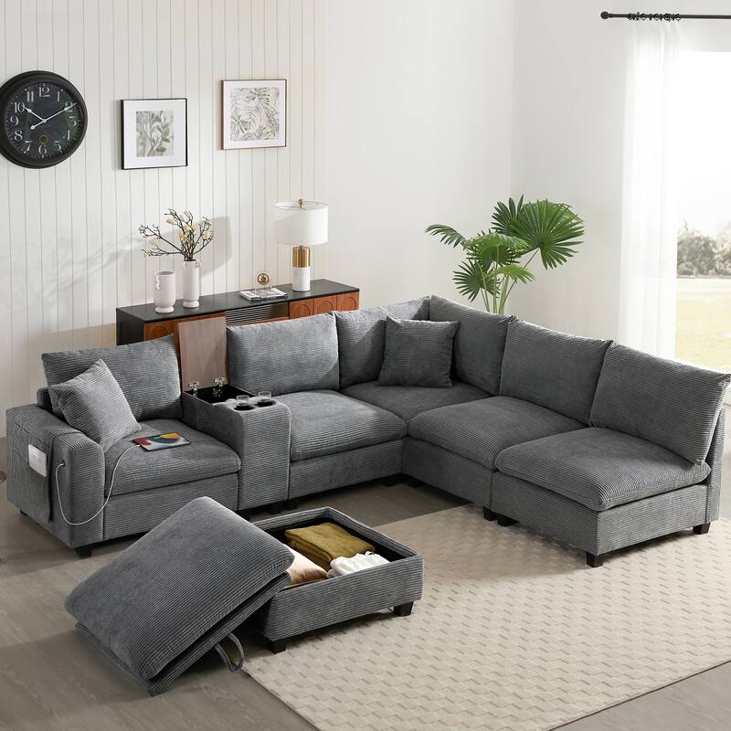 Roomfitters Oversized U-Shaped Corduroy Sofa with Storage Ottoman, Console, USB Charger and Cup Holder