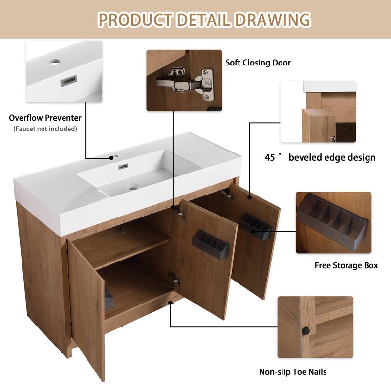 BNK 24/30/48/60 inch Freestanding Resin Sink Bathroom Vanity with Soft Close Door and Adjustable Shelf