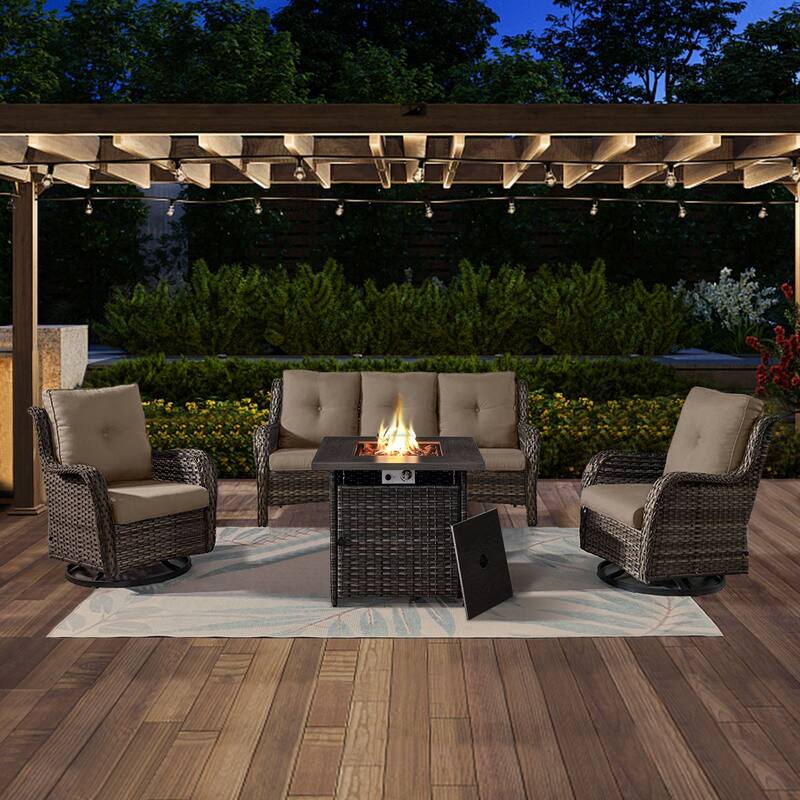Gymojoy 4-Piece Outdoor Wicker Patio Furniture with Fire Pit Table, Rattan Coversation Set with Water Resistant Thick Cushions - Grey Wicker / Grey Cusion - 4-Piece