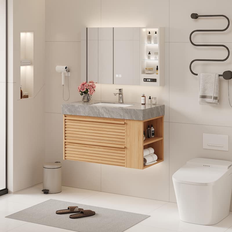 Modern 36" Bathroom Vanities, Sintered Stone Tabletop, Sold wood Cabinets, 2 Drawers& 2 Adjustable Shelves, Not Assembled Need