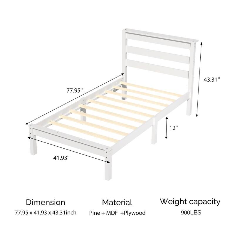 Twin Wood Bed Frame with Charging Station, Lighted Platform Bed, White