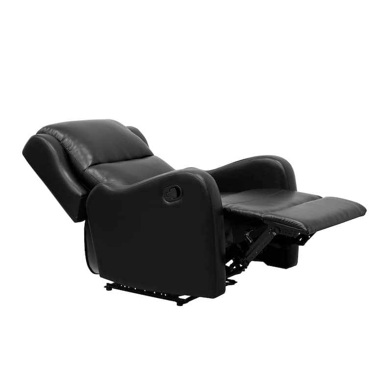 Kim 38 Inch Manual Recliner Chair, Cushioned Black Faux Leather, Solid Wood