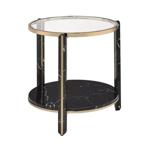 1 Tier Shelf Round Faux Marble Glass End Table in Black and Champagne