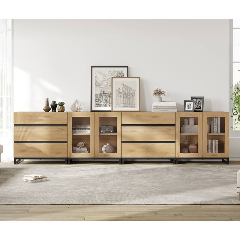 4 in 1 Modern Dresser with Glass Doors and 6 Drawers,Storage Cabinet with Adjustable Shelves, Chest of Drawers