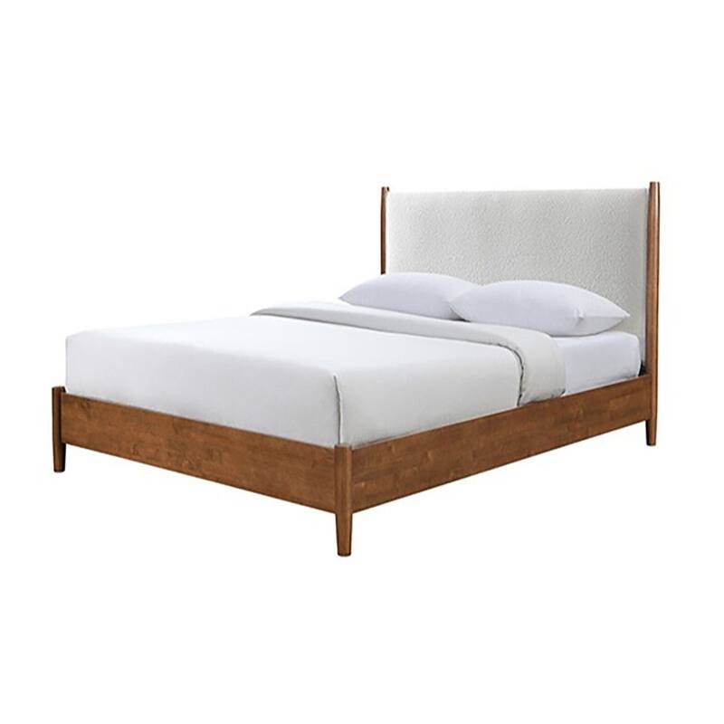 Carry King Size Bed w Beige Boucle Upholstered Headboard, Walnut Brown