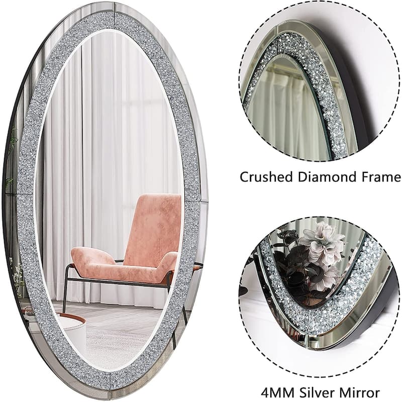 Oval Wall Mirror Crushed Diamond Inlay Sparkly Silver Mirror