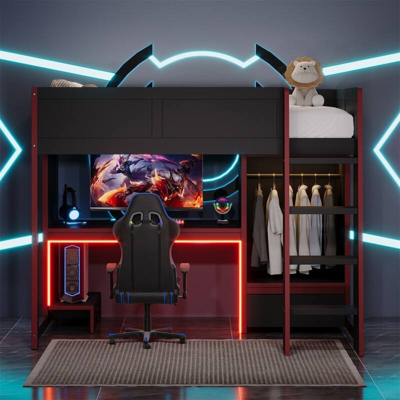 Solid Wood Gaming Loft Bed with Bulit-in Desk and Wardrobe, Twin/Full Size Loft Bedframe with LED Light and 1 Storage Drawer