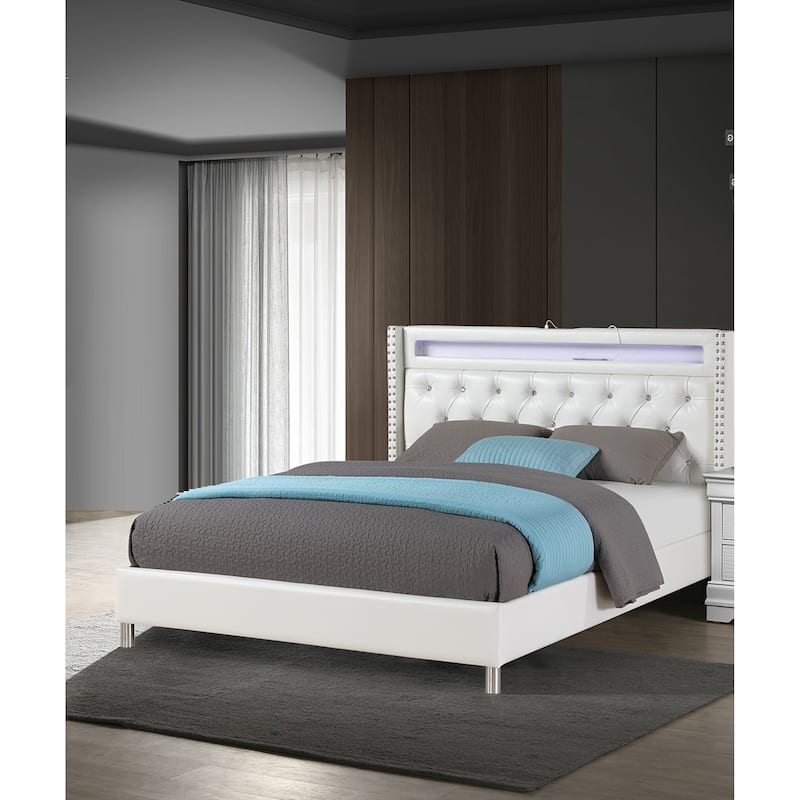 Contemporary Style 1pc Bed Set LED Light USB Port Nailhead Trim Tufted Headboard White Finish Bedroom Furniture