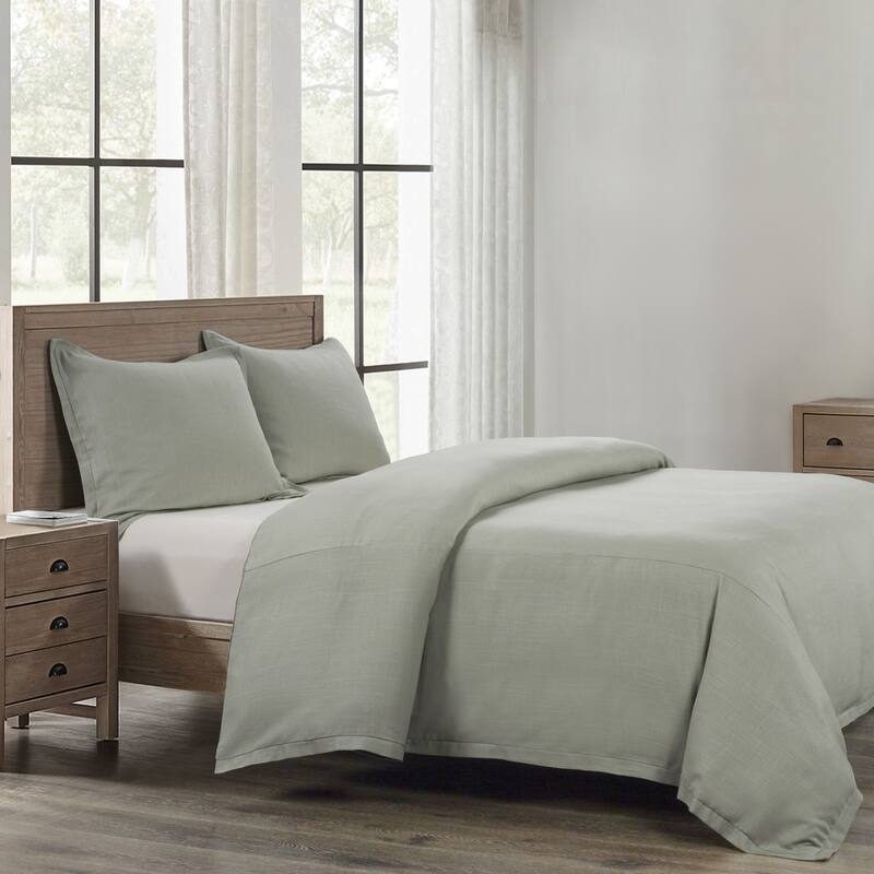 HiEnd Accents Hera Washed Linen Flange Duvet Cover Set, 3PC - Sage - Queen