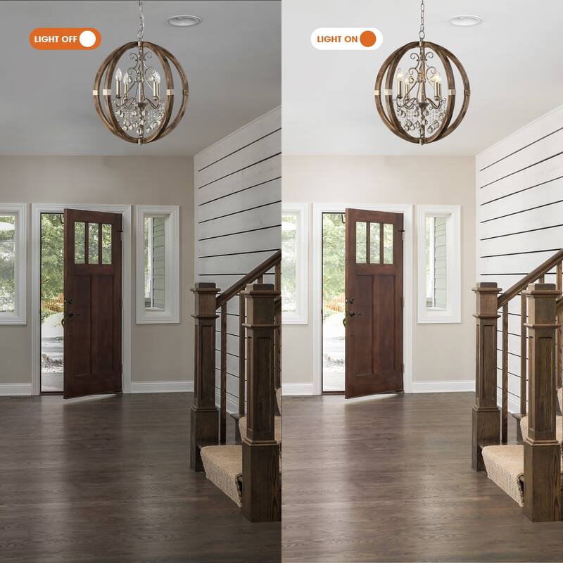 21" Weathered Wooden 4-Light Crystal Orb Foyer Chandelier Light