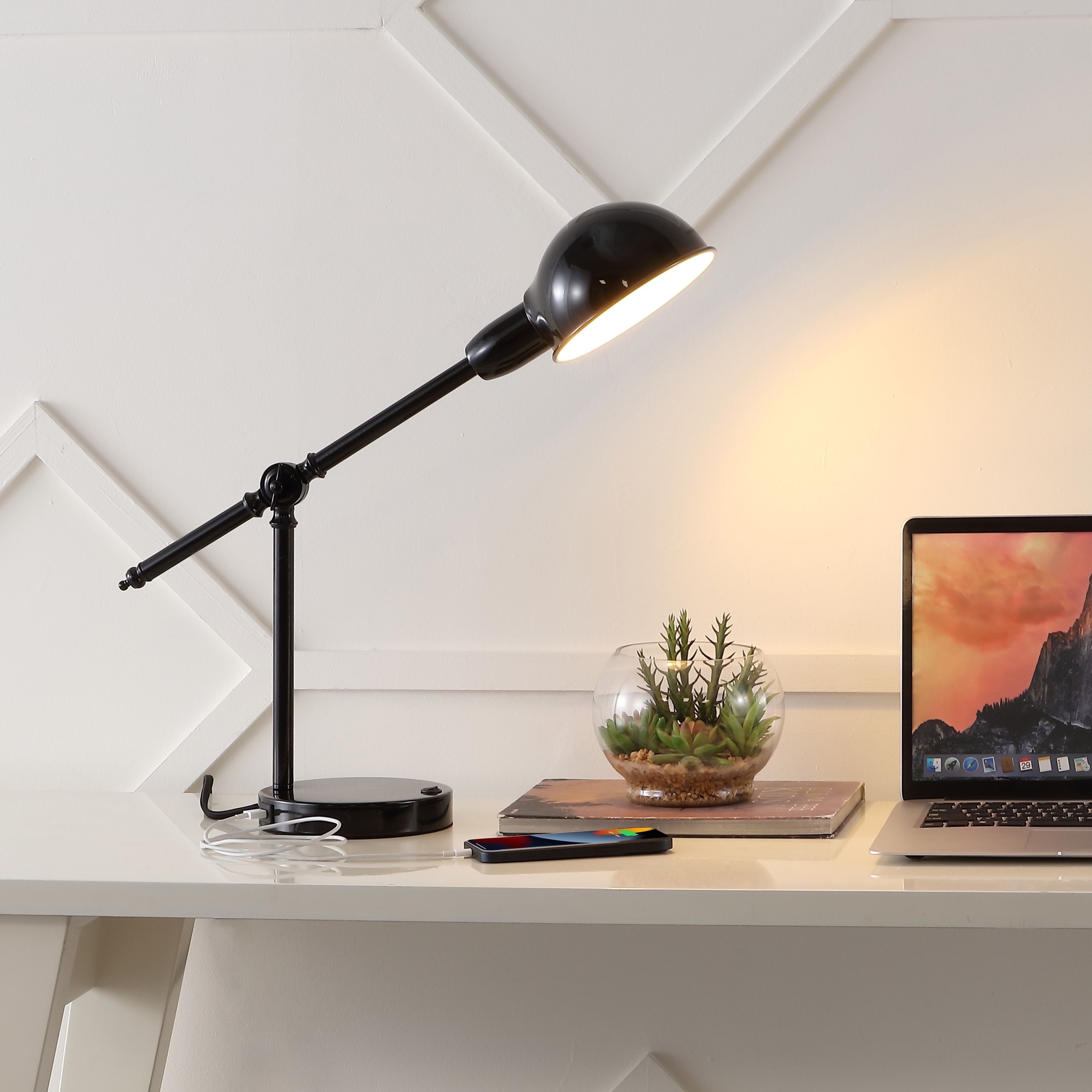 JONATHAN Y Allegra 20.25" Vintage Industrial Iron Adjustable Dome Shade LED Task Lamp with USB Charging Port