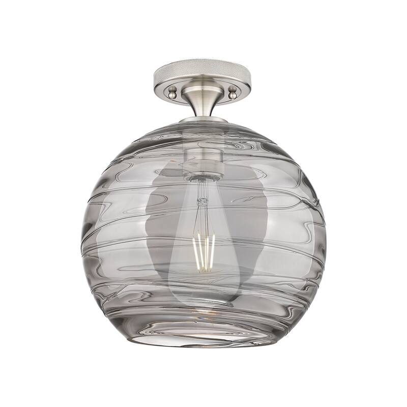Innovations Lighting 434-1F-10-10 Crown Point Flush Mount Crown Point - Satin Nickel / Light Smoke Deco Swirl