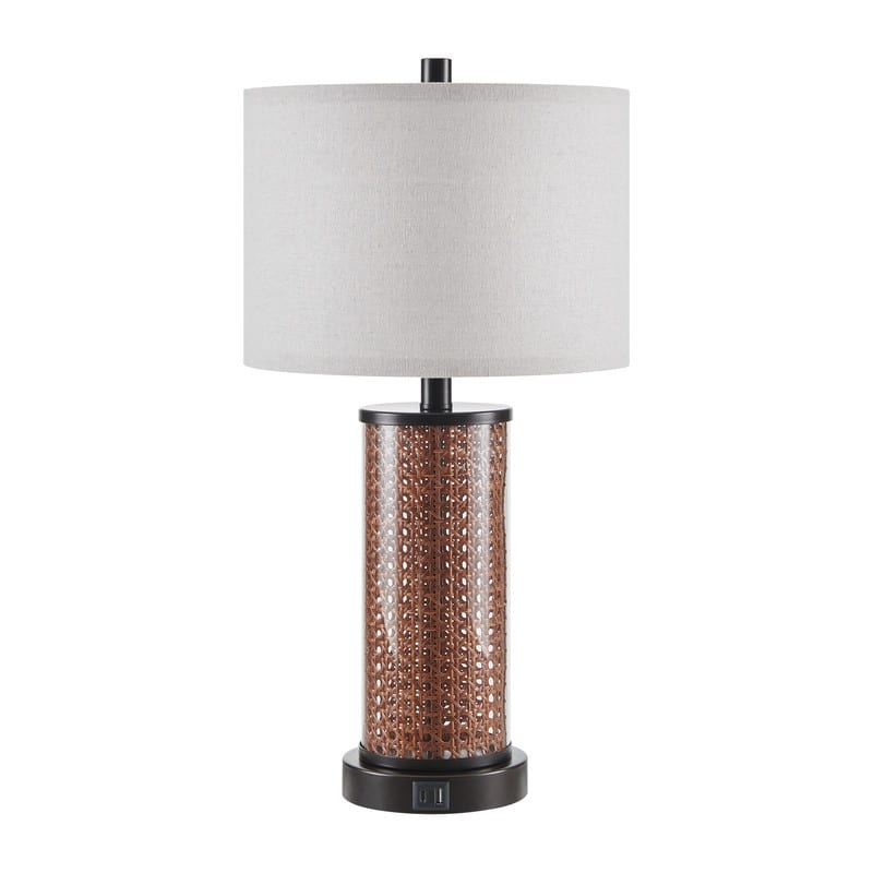 KAWOTI Modern Table Lamp with USB Charging Ports&AC Outlet, Glass&Rattan Design - W12" x H23.5" (Set of 2)
