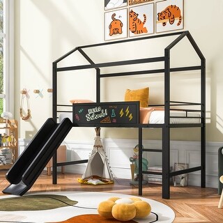 Metal House Bed with Slide and Two-Sided Writable Wooden Board