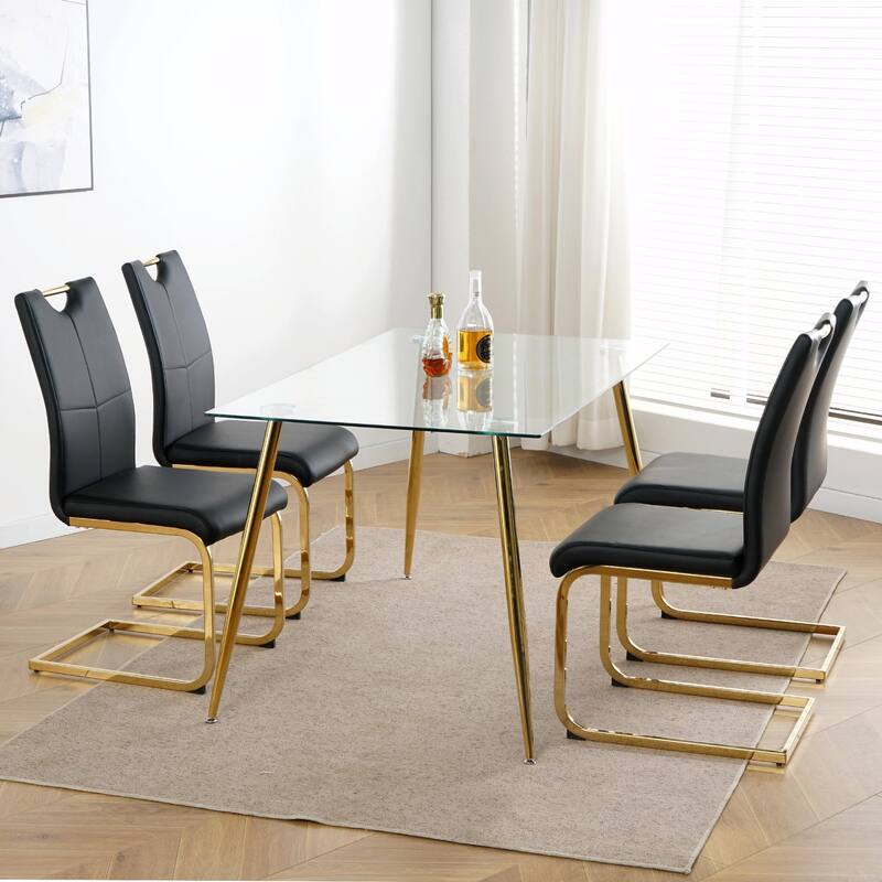 Modern Dining Chair Set - Faux Leather Padded Seats, Gold/Silver Metal Legs - Black/Gold - Set of 4