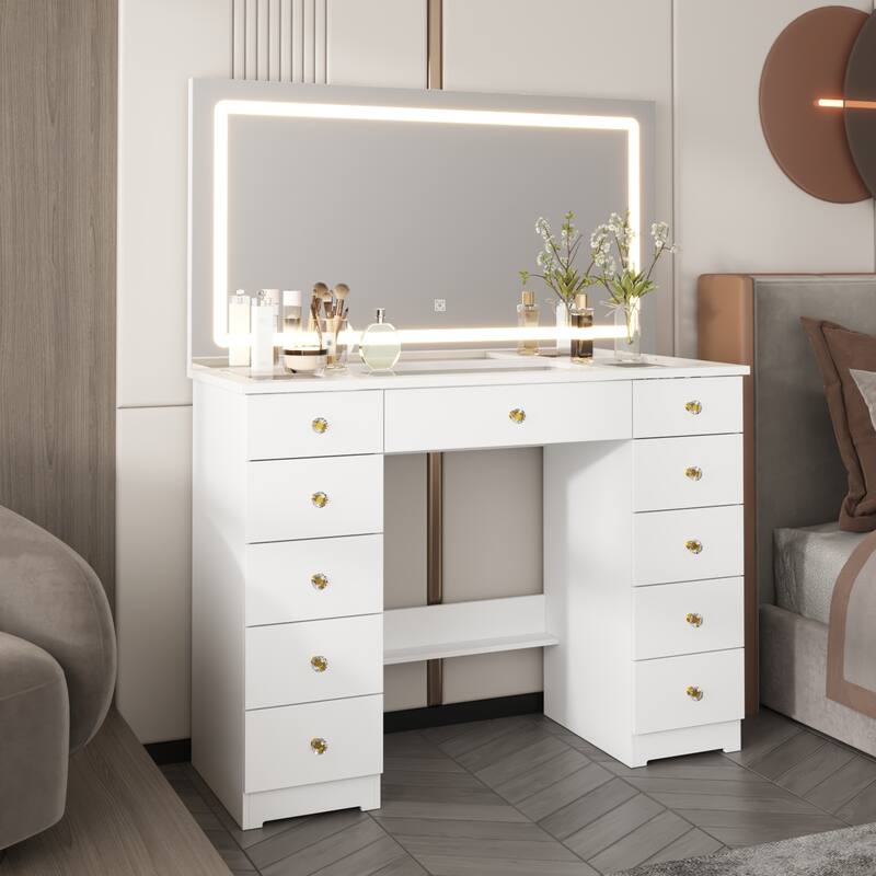 LED Lighted Makeup Vanity w/10 Drawer Modern Dressing Table for Bedroom Glass Top Vanity Table