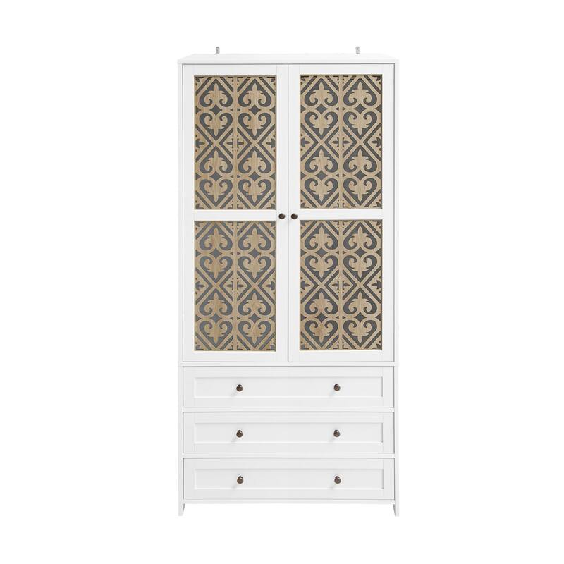 3 Drawer Wardrobe Armoire White Closet / Hollow Pattern Doors bedrooms Clothes Storage Cabinet