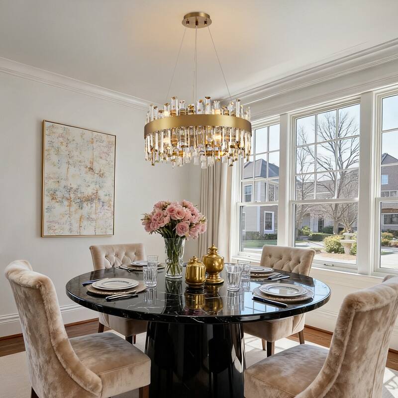 19.7'' Modern Crystal Chandelier Brass Gold Round 12-Light 2-Tier Luxury Crystal 19.7'' Raindrop Chandelier for Dining Room