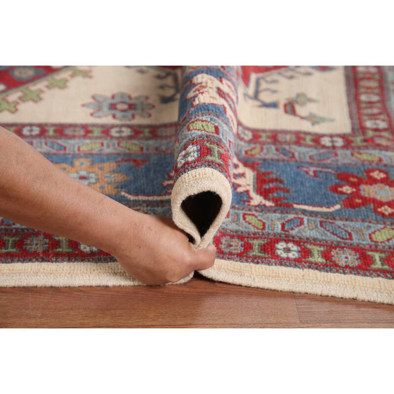 Hand Knotted Oriental 100% Wool Carpet Traditional Geometric Beige & Ivories Kazak Area Rug - 9' 11'' X 6' 8''