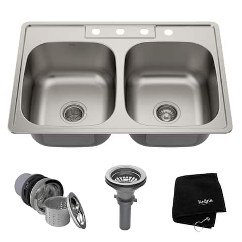 KRAUS Stainless Steel 33 inch 50/50 Topmount Drop-in Kitchen Sink