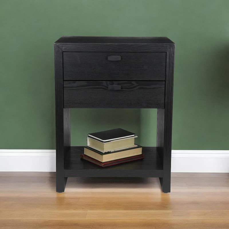 Double Drawer with Open Shelf Wooden Night Stand - 26" - Black