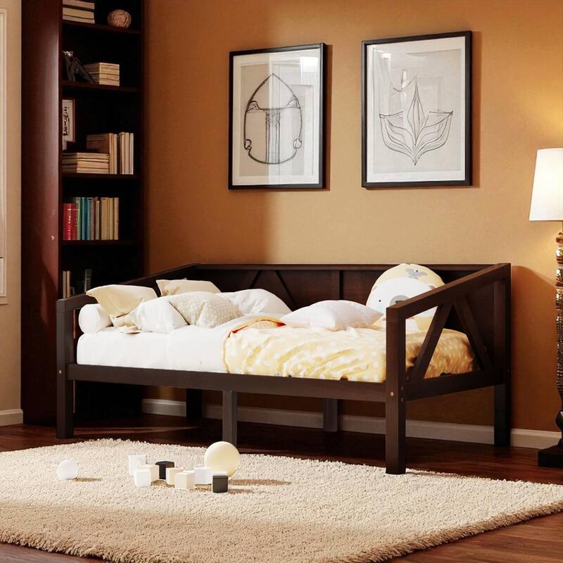 Twin/Full Size Wood Daybed Frame with Storage Space, Modern Sofa Bed with Backrest, No Box Spring Required - Espresso - Twin