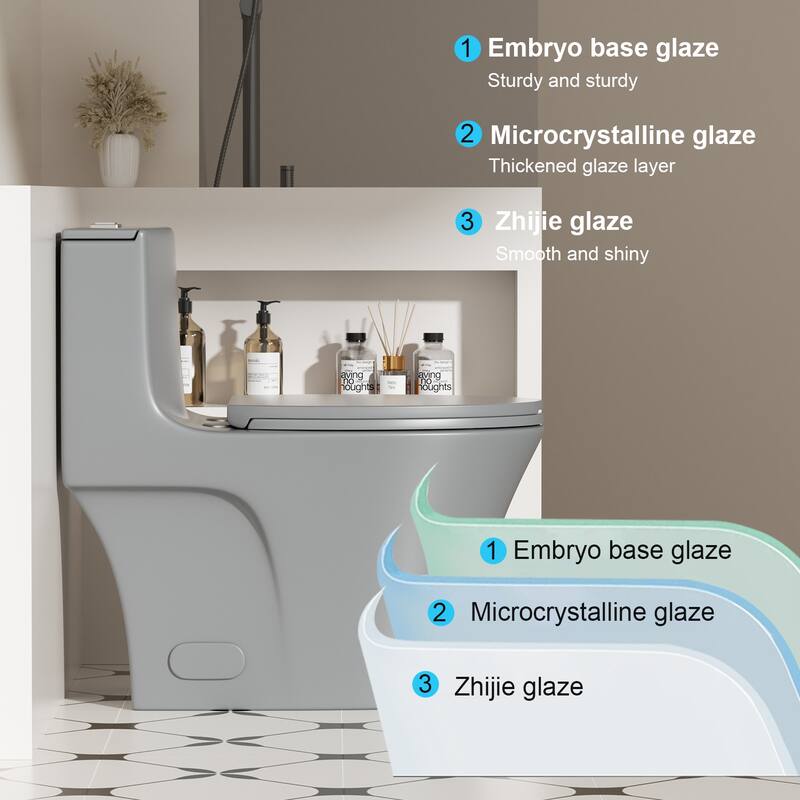 1.1/1.6 GPF Tornado Flush One-Piece Toilet Elongated, Siphonic S-trap 12",Soft Closing Seat, Button on Tank top - LIGHT GREY
