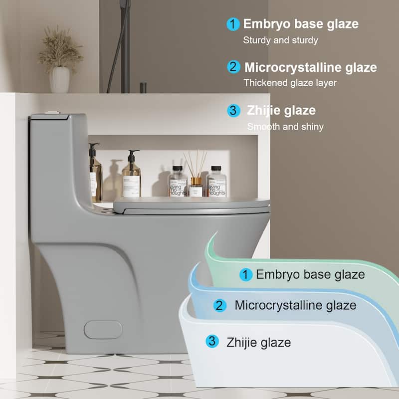 Anmytek Dual Flush One-Piece Toilet Elongated Siphonic S-Trap Soft Close Seat ADA Comfort Height Toilet Bowl in Light Gray