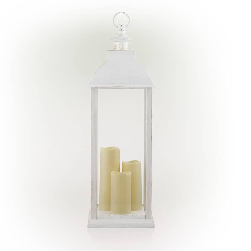 Alpine Corporation 28" Tall Outdoor Battery-Operated Lantern with LED Lights, White