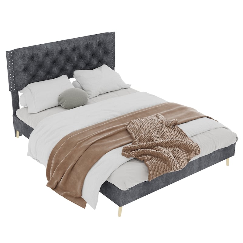 Modern Comfort Queen Size Velvet Upholstered Platform Bed, With Tufted Headboard