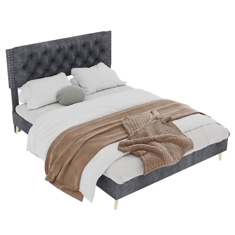 Queen Size Platform Bed Frame with Upholstered Headboard